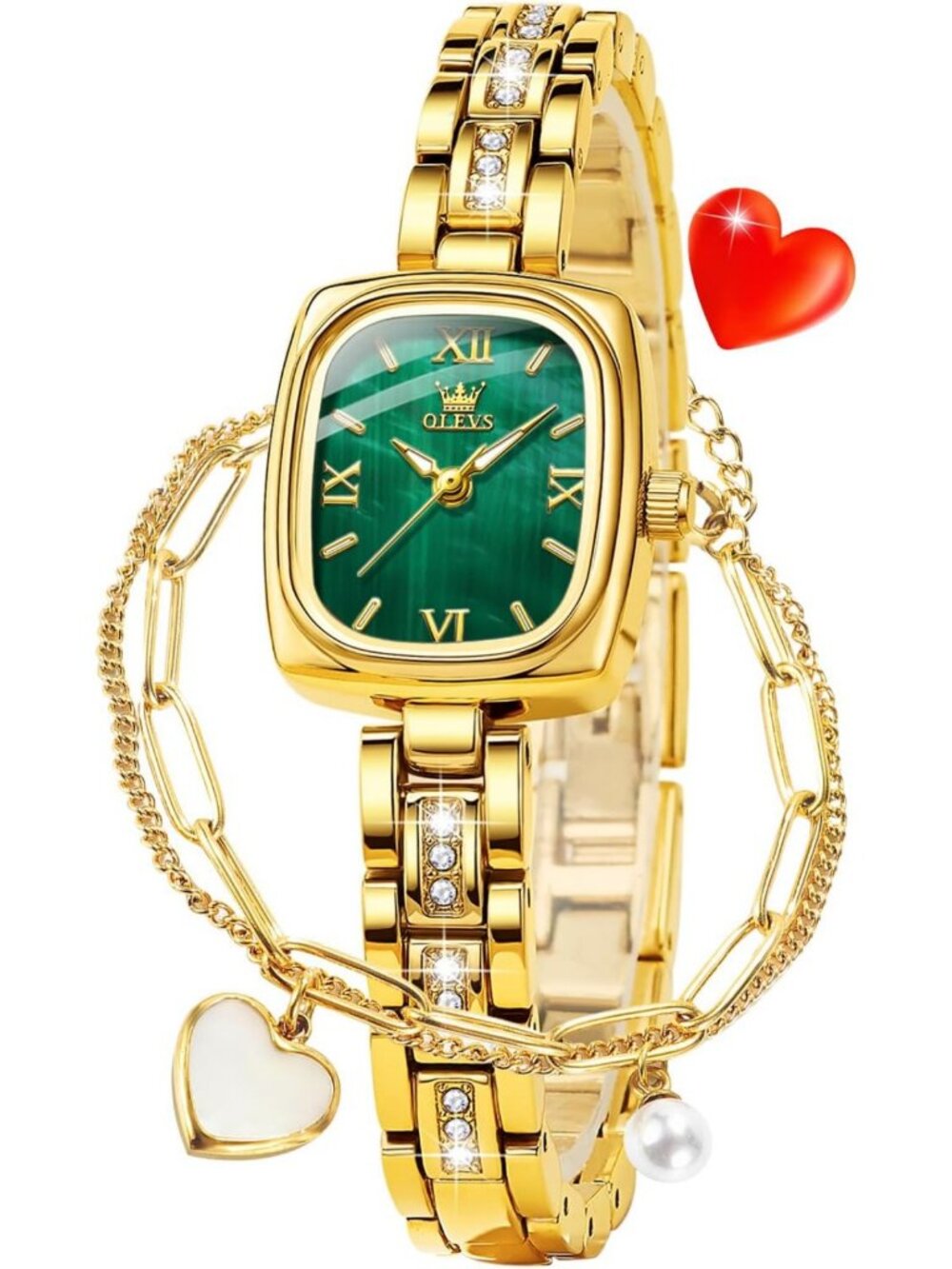 Elegant Rose Gold Women's Watch Set with Diamonds, Dressy Wristwatch, Necklaces